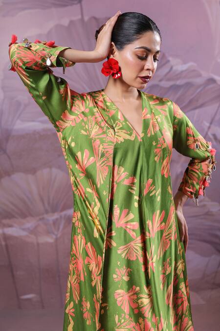 Shop_Pallavi Jaipur_Green Silk Tassels, Mirrors V-neck Ballygunge Avacado Tunic With Pant _Online_at_Aza_Fashions