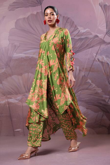 Buy_Pallavi Jaipur_Green Silk Tassels, Mirrors V-neck Ballygunge Avacado Tunic With Pant 