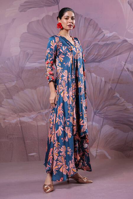 Pallavi Jaipur_Blue Silk Mirrors, Tassels V-neck Ballygunge Prussian Tunic With Pant _Online_at_Aza_Fashions