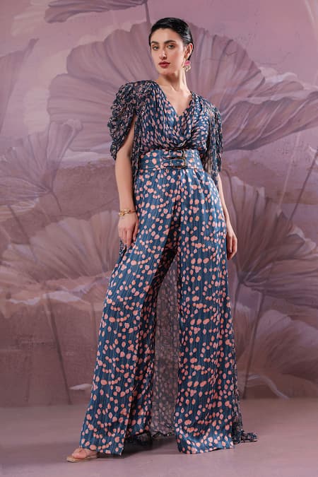 Pallavi Jaipur Blue Silk, Chiffon Sequins V-neck, Telegraph Prussian Jumpsuit With Jacket