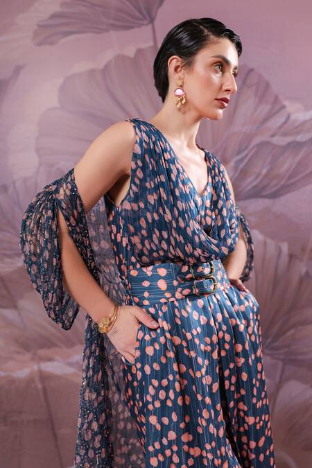 Buy_Pallavi Jaipur_Blue Silk, Chiffon Sequins V-neck, Telegraph Prussian Jumpsuit With Jacket _Online_at_Aza_Fashions