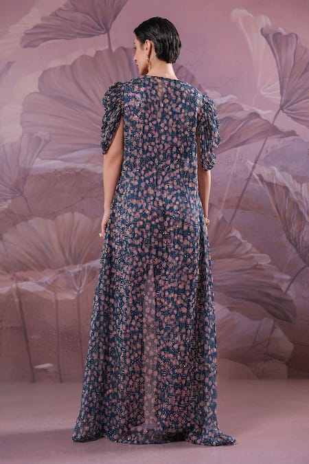 Pallavi Jaipur Telegraph Prussian Blue Cowl Jumpsuit With Jacket 