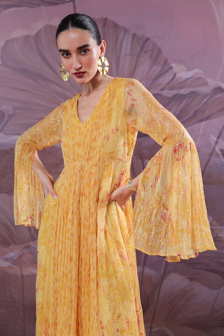 Buy_Pallavi Jaipur_Yellow Chiffon Sequins V-neck Butter Sandesh Dress _Online_at_Aza_Fashions