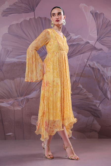 Shop_Pallavi Jaipur_Yellow Chiffon Sequins V-neck Butter Sandesh Dress _Online_at_Aza_Fashions