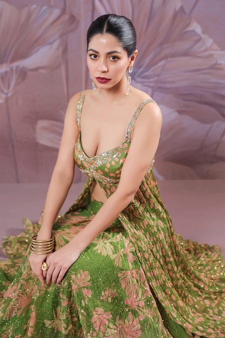 Buy_Pallavi Jaipur_Green Chiffon, Silk Sequins, Embroidery, Zari Calcutta Mehendi Tunic And Skirt Set _Online_at_Aza_Fashions