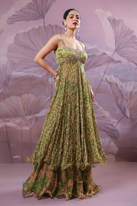 Shop_Pallavi Jaipur_Green Chiffon, Silk Sequins, Embroidery, Zari Calcutta Mehendi Tunic And Skirt Set _Online_at_Aza_Fashions