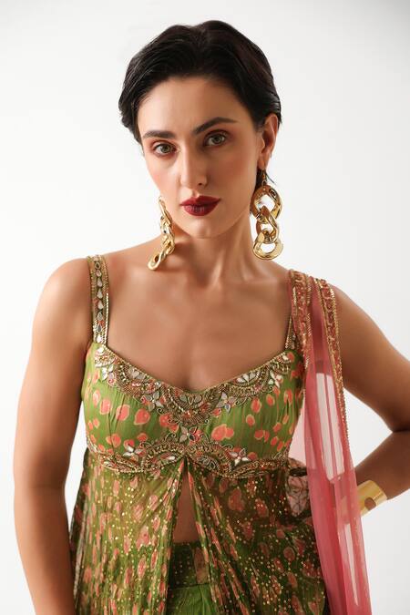 Shop_Pallavi Jaipur_Green Silk, Chiffon Sequins, Embroidery Calcutta Mehendi Tunic Skirt Set _Online_at_Aza_Fashions