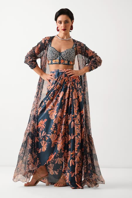 Pallavi Jaipur Navy Chanderi, Silk Sequins, Embroidery Open Prussian Blue Teriza Skirt Set 