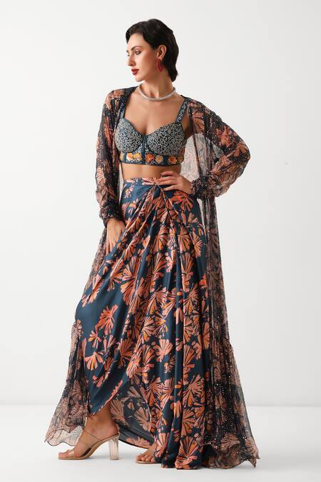 Pallavi Jaipur_Navy Chanderi, Silk Sequins, Embroidery Open Prussian Blue Teriza Skirt Set _Online_at_Aza_Fashions
