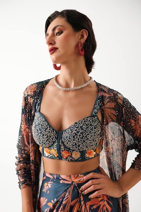 Buy_Pallavi Jaipur_Navy Chanderi, Silk Sequins, Embroidery Open Prussian Blue Teriza Skirt Set _Online_at_Aza_Fashions