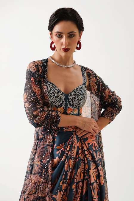 Shop_Pallavi Jaipur_Navy Chanderi, Silk Sequins, Embroidery Open Prussian Blue Teriza Skirt Set _Online_at_Aza_Fashions