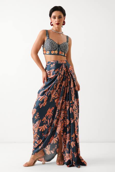 Pallavi Jaipur_Navy Chanderi, Silk Sequins, Embroidery Open Prussian Blue Teriza Skirt Set _at_Aza_Fashions