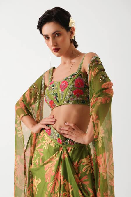 Pallavi Jaipur_Green Chanderi Sequins, Beads, Embroidery Open Avacado Teriza Draped Skirt Set _Online_at_Aza_Fashions
