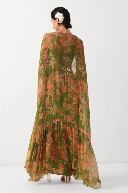 Buy_Pallavi Jaipur_Green Chanderi Sequins, Beads, Embroidery Open Avacado Teriza Draped Skirt Set _Online_at_Aza_Fashions