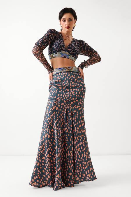 Pallavi Jaipur_Navy Chiffon, Silk Beads, Sequins V-neck Mermaid Skirt With Top _Online_at_Aza_Fashions