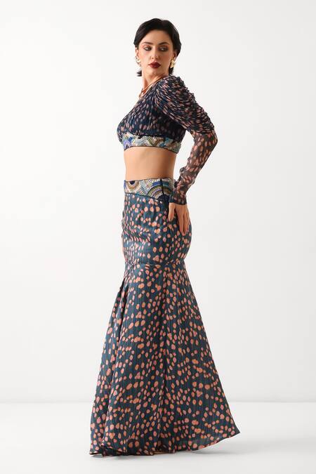 Shop_Pallavi Jaipur_Navy Chiffon, Silk Beads, Sequins V-neck Mermaid Skirt With Top _Online_at_Aza_Fashions