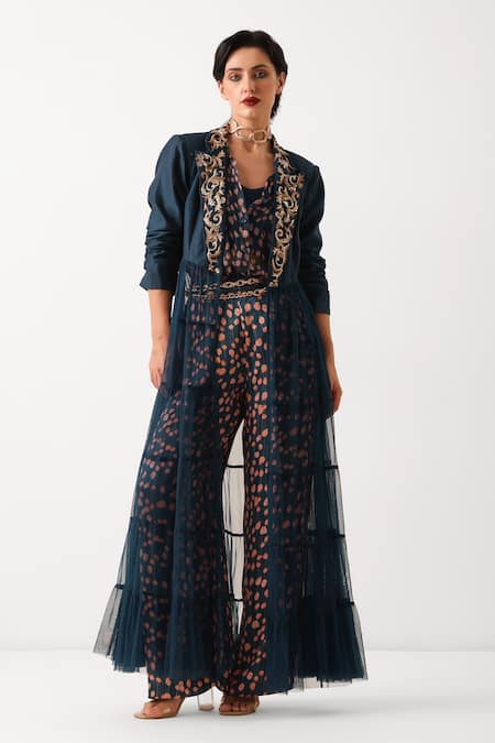 Pallavi Jaipur_Blue Chanderi, Net, Chiffon, Modal Embroidery, Nelumbo Print Blazer And Pant Set _Online_at_Aza_Fashions