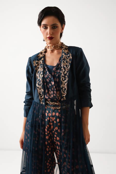 Buy_Pallavi Jaipur_Blue Chanderi, Net, Chiffon, Modal Embroidery, Nelumbo Print Blazer And Pant Set _Online_at_Aza_Fashions