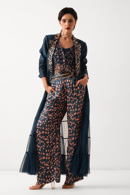 Pallavi Jaipur_Blue Chanderi, Net, Chiffon, Modal Embroidery, Nelumbo Print Blazer And Pant Set _at_Aza_Fashions