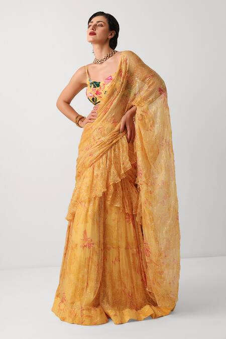 Pallavi Jaipur_Yellow Chiffon Sequins, Embroidery Sun Kissed Ruffle Lehenga Saree Set _Online_at_Aza_Fashions