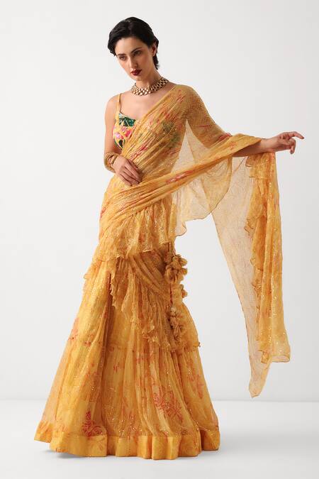 Buy_Pallavi Jaipur_Yellow Chiffon Sequins, Embroidery Sun Kissed Ruffle Lehenga Saree Set _Online_at_Aza_Fashions