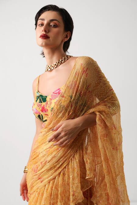 Shop_Pallavi Jaipur_Yellow Chiffon Sequins, Embroidery Sun Kissed Ruffle Lehenga Saree Set _Online_at_Aza_Fashions