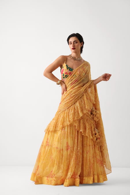Pallavi Jaipur_Yellow Chiffon Sequins, Embroidery Sun Kissed Ruffle Lehenga Saree Set _at_Aza_Fashions
