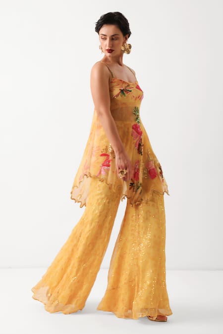 Pallavi Jaipur_Yellow Chiffon Sequins, Embroidery Scoop Kal Katta Bageecha Tunic And Sharara Set _Online_at_Aza_Fashions