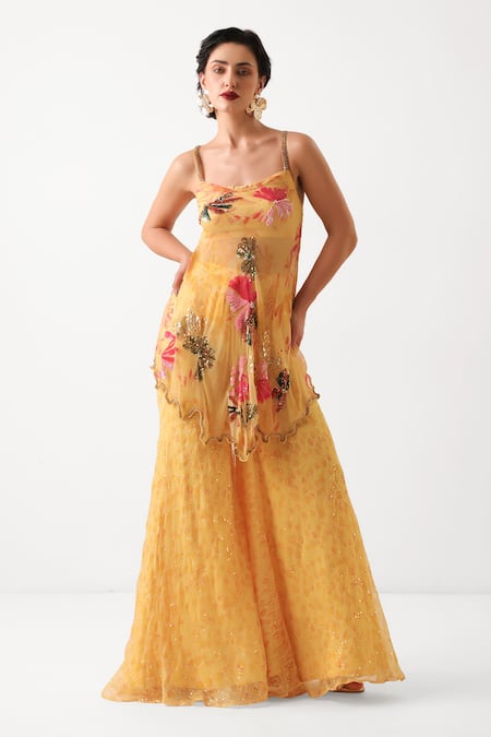Pallavi Jaipur Yellow Chiffon Sequins, Embroidery Scoop Kal Katta Bageecha Tunic And Sharara Set 