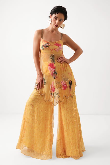 Buy_Pallavi Jaipur_Yellow Chiffon Sequins, Embroidery Scoop Kal Katta Bageecha Tunic And Sharara Set _Online_at_Aza_Fashions