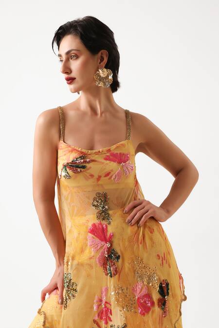Shop_Pallavi Jaipur_Yellow Chiffon Sequins, Embroidery Scoop Kal Katta Bageecha Tunic And Sharara Set _Online_at_Aza_Fashions