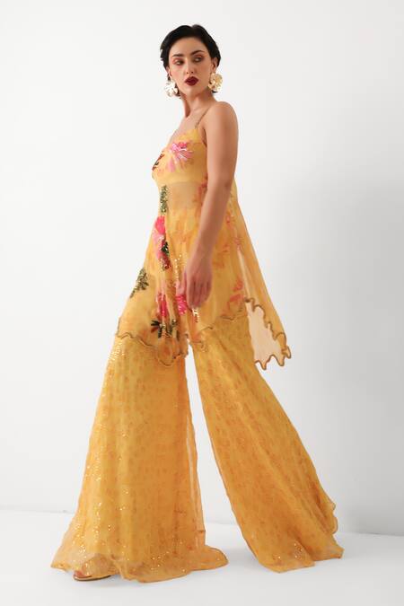 Pallavi Jaipur_Yellow Chiffon Sequins, Embroidery Scoop Kal Katta Bageecha Tunic And Sharara Set _at_Aza_Fashions