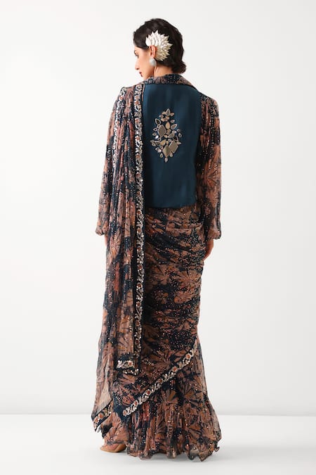 Pallavi Jaipur Prussian Blue Pre-Draped Saree & Sheesha Waistcoat Set 