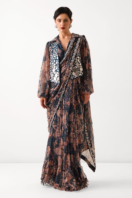 Pallavi Jaipur_Blue Chiffon, Chanderi Prussian Pre-draped Saree And Sheesha Waistcoat Set _Online_at_Aza_Fashions