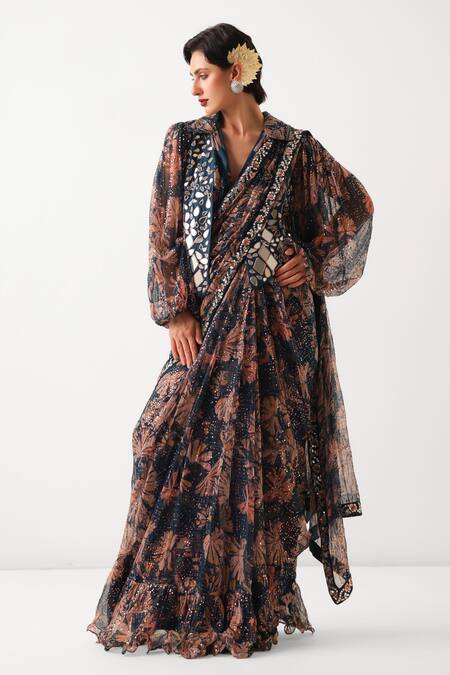 Buy_Pallavi Jaipur_Blue Chiffon, Chanderi Prussian Pre-draped Saree And Sheesha Waistcoat Set _Online_at_Aza_Fashions