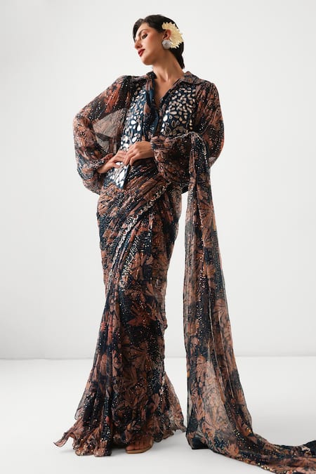 Shop_Pallavi Jaipur_Blue Chiffon, Chanderi Prussian Pre-draped Saree And Sheesha Waistcoat Set _Online_at_Aza_Fashions