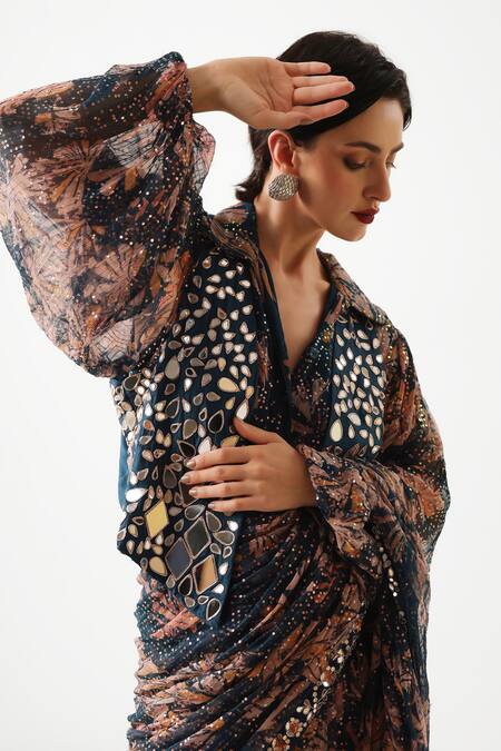 Buy_Pallavi Jaipur_Blue Chiffon, Chanderi Prussian Pre-draped Saree And Sheesha Waistcoat Set 