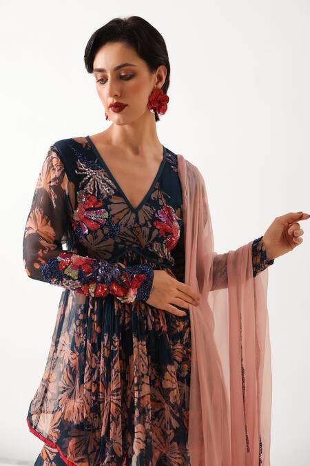 Pallavi Jaipur_Navy Chiffon, Silk Sequins, Embroidery, Tassels Phool Bazaar Tunic Sharara Set _Online_at_Aza_Fashions