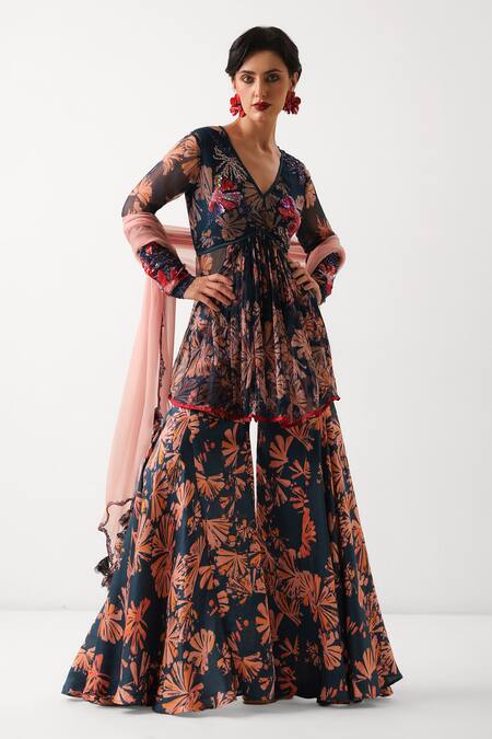 Buy_Pallavi Jaipur_Navy Chiffon, Silk Sequins, Embroidery, Tassels Phool Bazaar Tunic Sharara Set _Online_at_Aza_Fashions