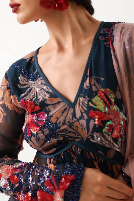 Shop_Pallavi Jaipur_Navy Chiffon, Silk Sequins, Embroidery, Tassels Phool Bazaar Tunic Sharara Set _Online_at_Aza_Fashions