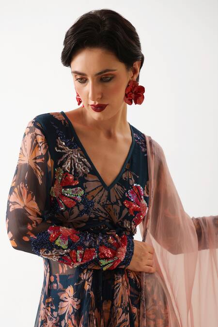 Pallavi Jaipur_Navy Chiffon, Silk Sequins, Embroidery, Tassels Phool Bazaar Tunic Sharara Set _at_Aza_Fashions