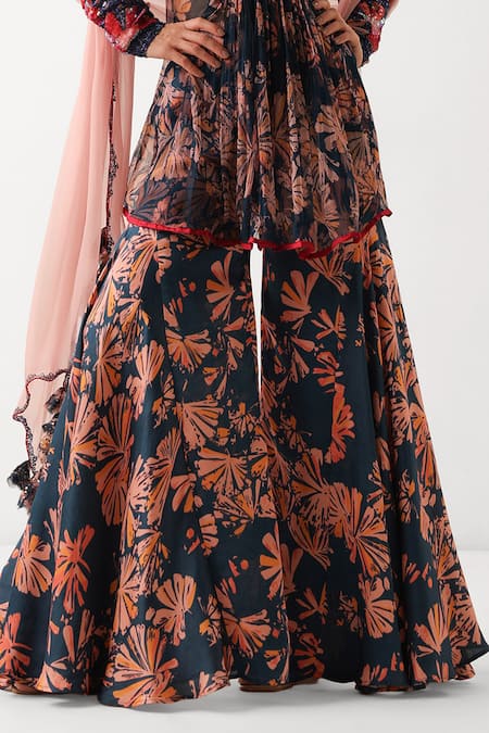 Buy_Pallavi Jaipur_Navy Chiffon, Silk Sequins, Embroidery, Tassels Phool Bazaar Tunic Sharara Set 