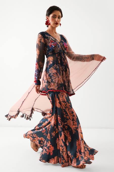 Shop_Pallavi Jaipur_Navy Chiffon, Silk Sequins, Embroidery, Tassels Phool Bazaar Tunic Sharara Set 