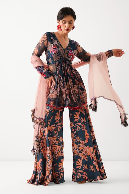 Pallavi Jaipur Navy Chiffon, Silk Sequins, Embroidery, Tassels Phool Bazaar Tunic Sharara Set 