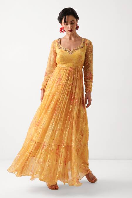 Pallavi Jaipur_Yellow Chiffon, Silk Zari, Sequins, Tassels Kasundi Printed Anarkali Pant Set _Online_at_Aza_Fashions