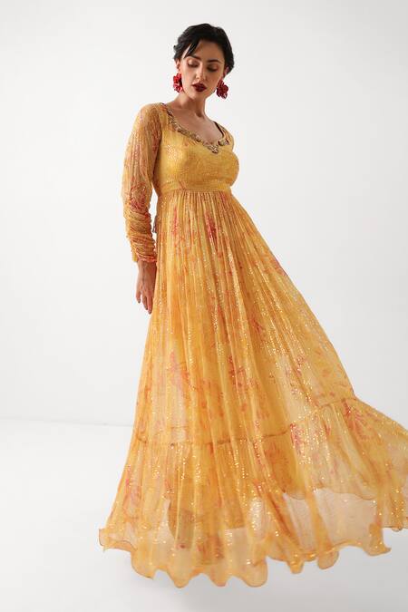 Buy_Pallavi Jaipur_Yellow Chiffon, Silk Zari, Sequins, Tassels Kasundi Printed Anarkali Pant Set _Online_at_Aza_Fashions