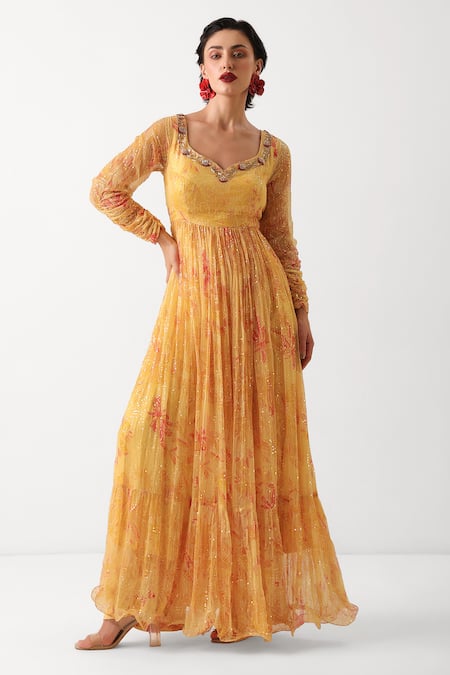 Shop_Pallavi Jaipur_Yellow Chiffon, Silk Zari, Sequins, Tassels Kasundi Printed Anarkali Pant Set _Online_at_Aza_Fashions