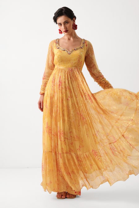 Pallavi Jaipur Yellow Chiffon, Silk Zari, Sequins, Tassels Kasundi Printed Anarkali Pant Set 