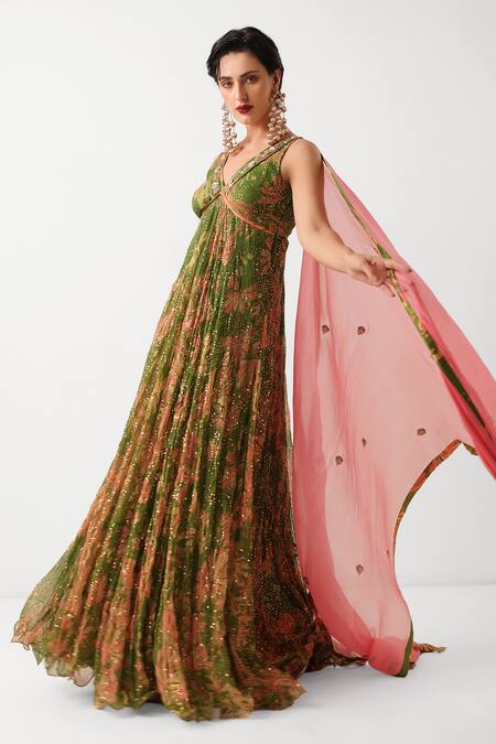 Pallavi Jaipur_Olive Green Chiffon, Silk Zari, Sequins, Subo Drishti Anarkali Pant Set _Online_at_Aza_Fashions