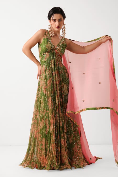 Pallavi Jaipur Olive Green Chiffon, Silk Zari, Sequins, Subo Drishti Anarkali Pant Set 